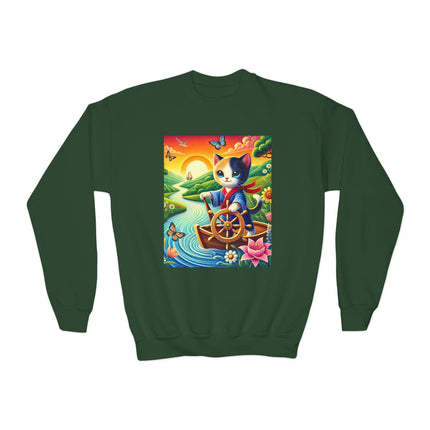Sailor Kitten’s River Adventure Youth Crewneck Sweatshirt – Exploration, Joy & Storybook Adventure