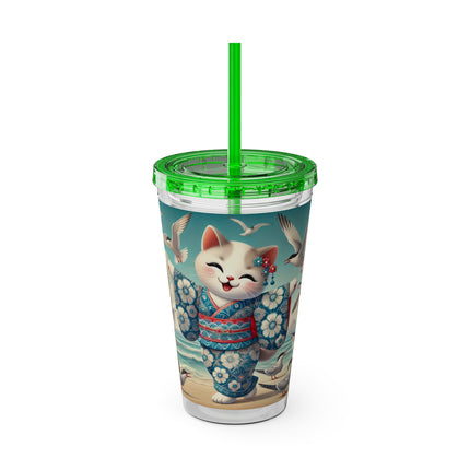 Geisha Kitten by the Seaside Sunsplash Tumbler with Straw, 16oz