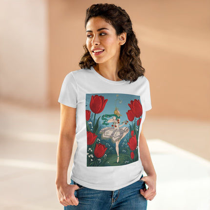 🌷🩰 The Scarlet Tulip Ballet Cotton Tee – Art Deco Floral Whimsy
