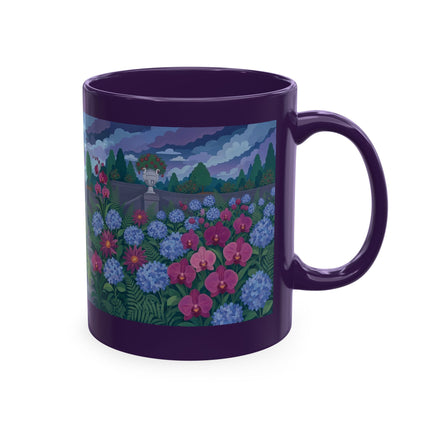 🦚🌸 The Lady & The Peacock On The Garden Steps Ceramic Mug – Art Deco Garden Elegance