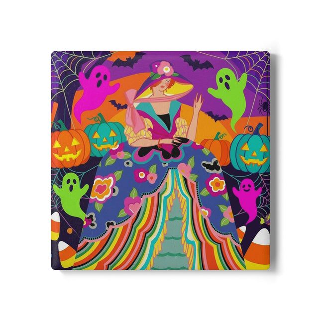 🌈👻 The Rainbow Ghost Masquerade Ceramic Coaster – Colorful Halloween Charm