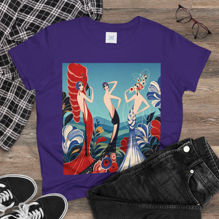 🌹🎭 The Three Ladies Of The Floral Promenade Cotton Tee – Art Deco Fashion Elegance