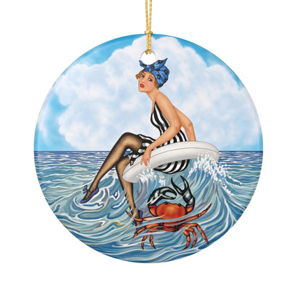🦀🌊 The Seaside Crab Ride Ceramic Ornament – Art Deco Beach Whimsy