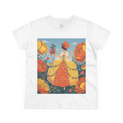 🧡🌼 The Golden Flower Promenade Cotton Tee – Art Deco Floral Elegance