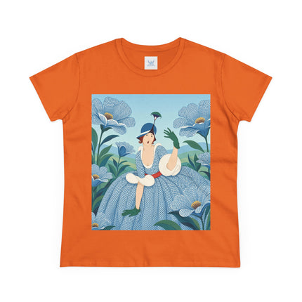 💙🌼 The Blue Blossom Garden Belle Cotton Tee – Art Deco Floral Whimsy