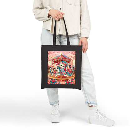 Geisha Kitten's Enchanted Carousel Ride Cotton Canvas Tote Bag – Whimsical Dreams & Cherry Blossom Magic