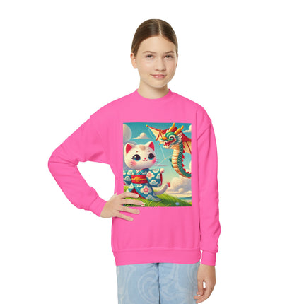 Geisha Kitten and the Dragon Kite Youth Crewneck Sweatshirt – Freedom, Motion & Playful Spirit