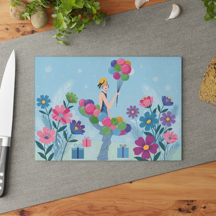 🎈❄️ The Lady Of The Winter Balloon Garden Glass Cutting Board – Art Deco Holiday Fantasy