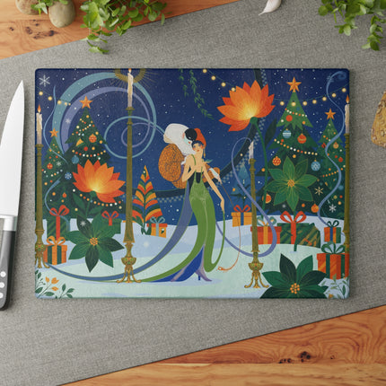 🪷🎄 The Lady Of The Christmas Lotus Garden Glass Cutting Board – Art Deco Holiday Fantasy