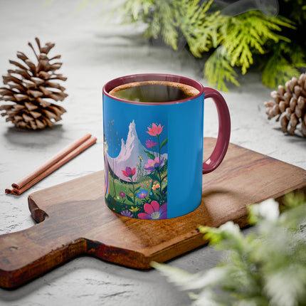 The Lady And The Moonlit Peak Colorful Mugs – Art Deco Alpine Garden Elegance