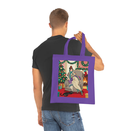 🔥🎄 The Lady Of The Christmas Hearth Cotton Tote Bag – Art Deco Holiday Warmth