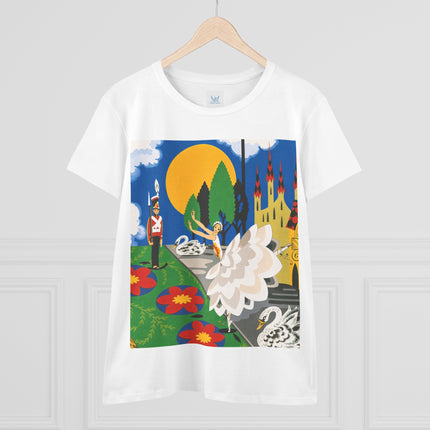 🦢🏰 The Enchanted Swan Ballet Cotton Tee – Art Deco Fairytale Whimsy