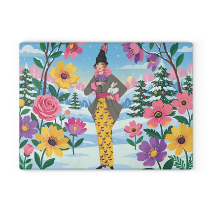 🐇❄️ The Lady Of The Winter Rabbit Garden Glass Cutting Board – Art Deco Holiday Fantasy