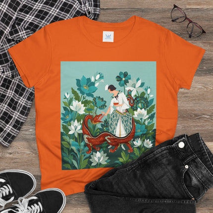 🐉🌿 The Dragon Keeper Cotton Tee – Art Deco Floral Fantasy