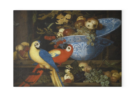 Fruit Still Life With Two Parrots by Balthasar van der Ast Glass Cutting Board