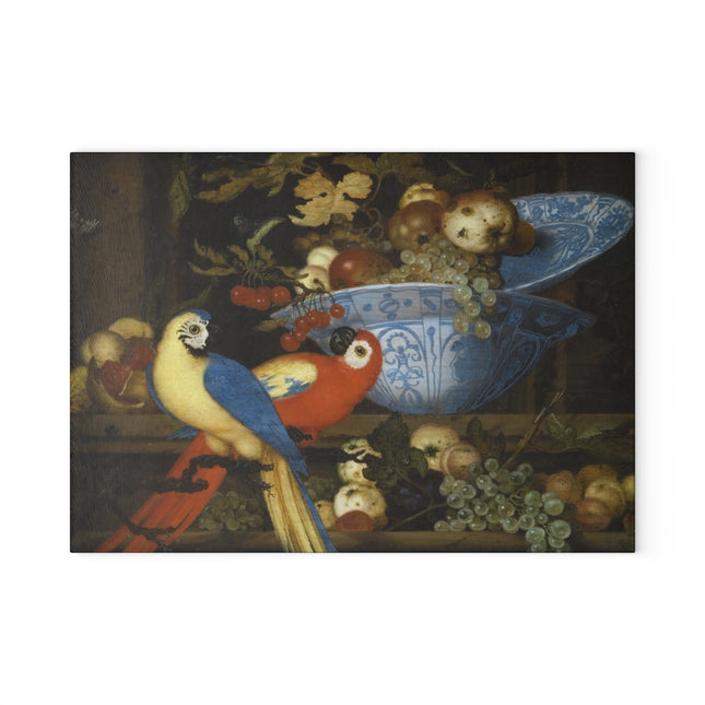 Fruit Still Life With Two Parrots by Balthasar Van der Ast Glass Cutting Board