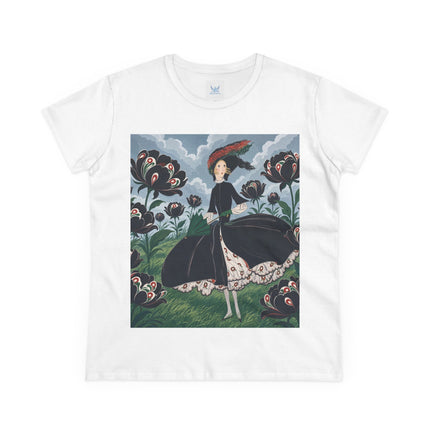 ❤️🌺 The Scarlet Parasol Garden Cotton Tee – Art Deco Floral Elegance