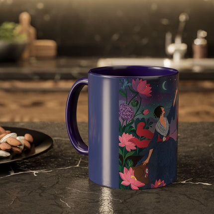 The Lady And The Morning Song Colorful Mugs – Art Deco Botanical Elegance