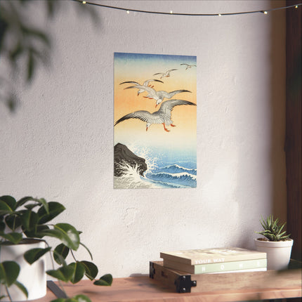 Five Seagulls Above Turbulent Sea by Ohara Koson Fine Art Posters