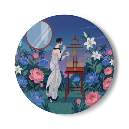 🌸🐦 The Lady Of The Garden Birdcage Ceramic Coaster – Art Deco Floral Elegance