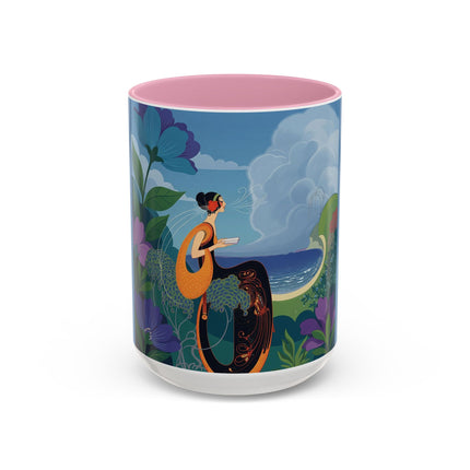 The Lady And The Sea Breeze Colorful Mugs – Art Deco Coastal Serenity