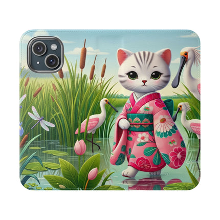 🦩🌸 Geisha Kitten Strolls Among the Spoonbills Flip Case – Serene Grace & Marshland Wonder