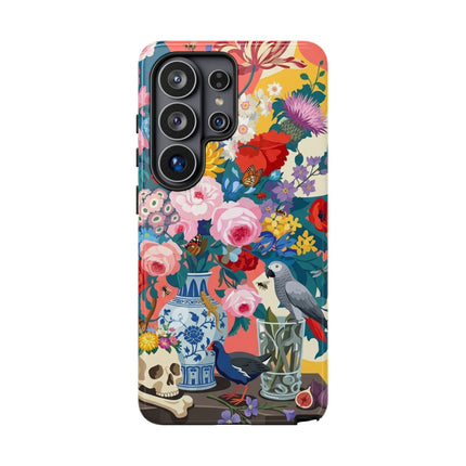 Floral Vanitas Phone Case – Parrot & Porcelain Splendor