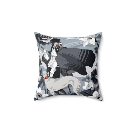 🖤🐕 The Greyhound Floral Promenade Square Pillow – Art Deco Monochrome Fashion