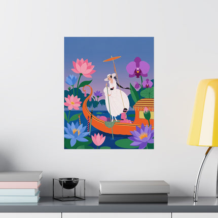🪷🛶 The Lady Of The Lotus Lake Matte Vertical Poster – Art Deco Botanical Fantasy