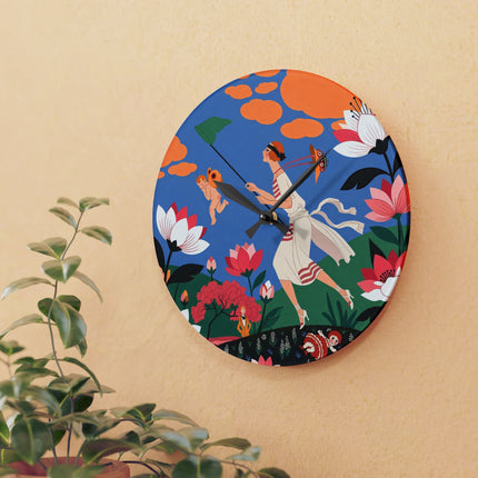 🌸🪽 The Lady Chasing Cupid Acrylic Wall Clock – Art Deco Garden Whimsy