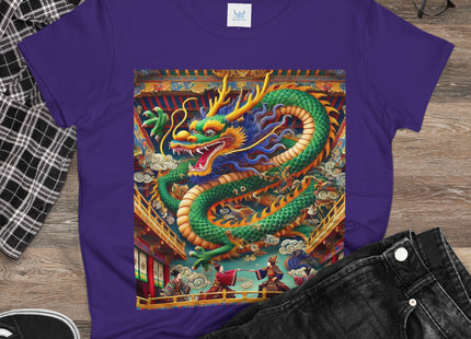 Tibetan Dragon Over Kabuki Duel Women's Midweight Cotton Tee