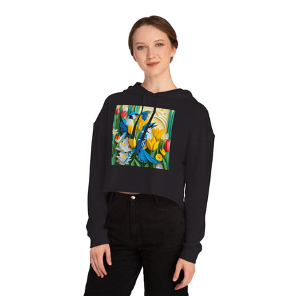 Blue Jays in a Spring Garden Women’s Cropped Hooded Sweatshirt
