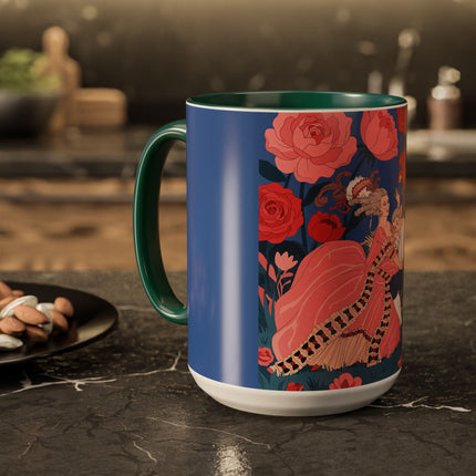 The Lady And The Scarlet Macaw Colorful Mugs – Art Deco Floral Elegance