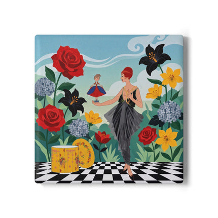 🌹🎭 The Lady Of The Little Dancer Ceramic Coaster – Art Deco Floral Fantasy