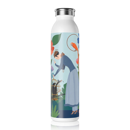 🌺🦜 The Lady Of The Garden Aviary Slim Water Bottle – Art Deco Botanical Whimsy