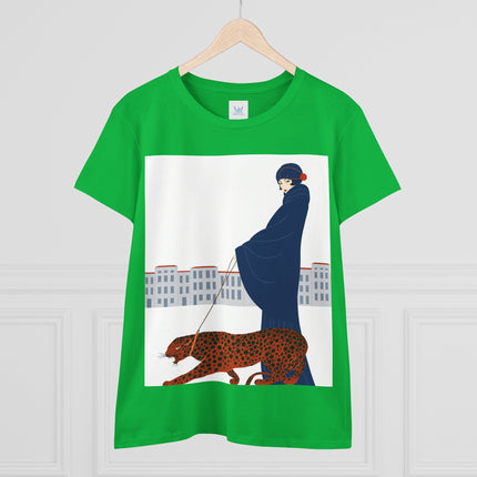 🐆🖤 The Lady With The Leopard Cotton Tee – Art Deco Fashion Illustration