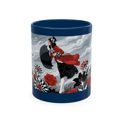 ☂️🌹 The Lady In The Windy Rose Garden Ceramic Mug – Art Deco Fashion Whimsy