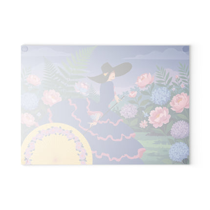 🌸🎩 The Lady Of The Hydrangea Promenade Glass Cutting Board – Art Deco Garden Elegance
