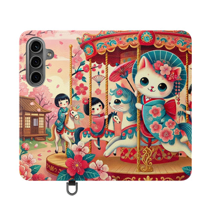 🎠🌸 Geisha Kitten's Enchanted Carousel Flip Case – Whimsical Dreams & Cherry Blossom Magic