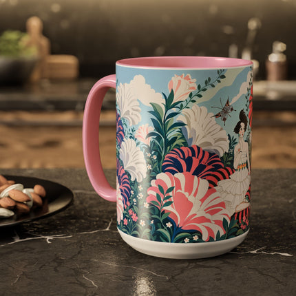 🌸🦋 The Enchanted Pink Blossom Retreat Colorful Mug – Art Deco Floral Whimsy