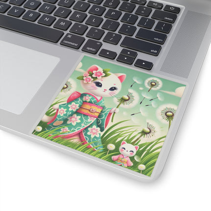 🌾🌼 Geisha Kitten and the Dandelion Wish Kiss-Cut Sticker – Gentle Wishes & Quiet Wonder