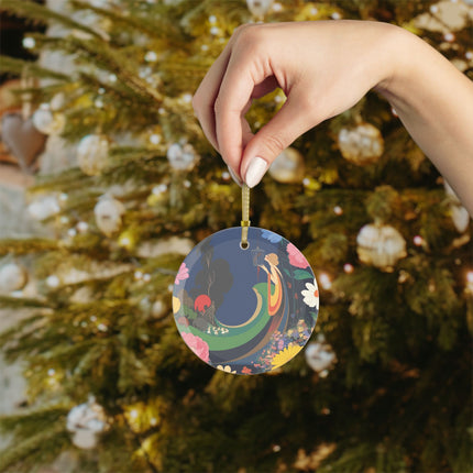 🌙🌸 The Lady And The Crimson Moonbird Glass Ornament – Art Deco Whimsical Garden Elegance