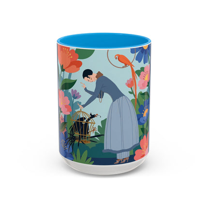 The Lady And The Mysterious Bird Colorful Mugs – Art Deco Botanical Mystery