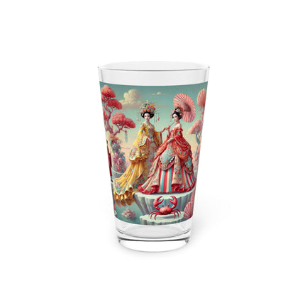 Cherry Blossom Courtesans & Crimson Crab Pint Glass – Imperial Elegance & Playful Charm