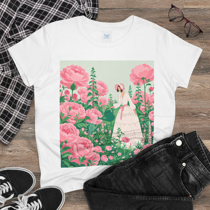 🌸💧 The Rose Garden Watering Cotton Tee – Art Deco Floral Whimsy