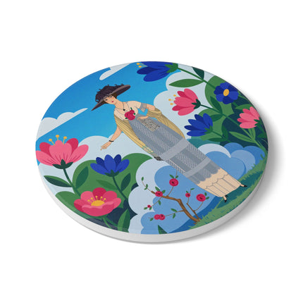 🌸🎩 The Lady Of The Grand Flower Garden Ceramic Coaster – Art Deco Fashion Illustration