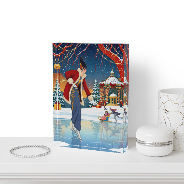 ⛸️🎄 The Christmas Skating Pavilion Acrylic Art Block – Art Deco Holiday Fantasy