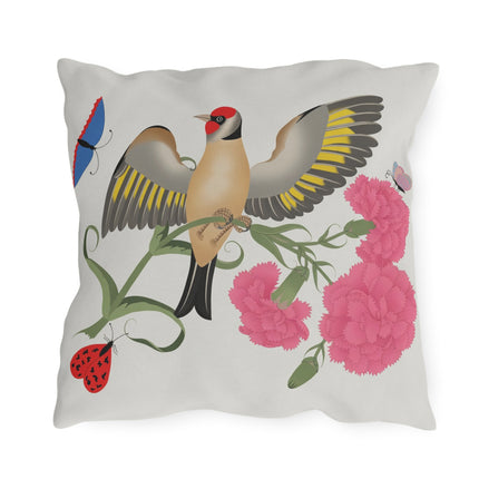 Goldfinch & Pink Flowers Outdoor Pillows – Vibrant Spring & Delicate Beauty