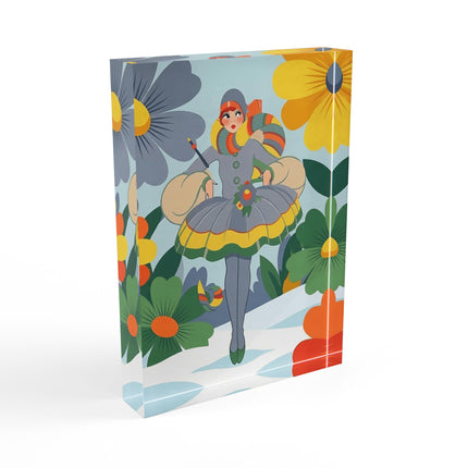 ❄️🌼 The Winter Flower Wanderer Acrylic Art Block – Colorful Art Deco Snow Fantasy