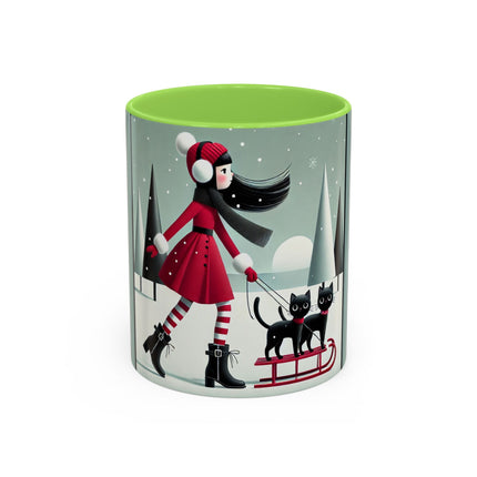 Red Sled & Curious Cats Colorful Mugs (11oz, 15oz)